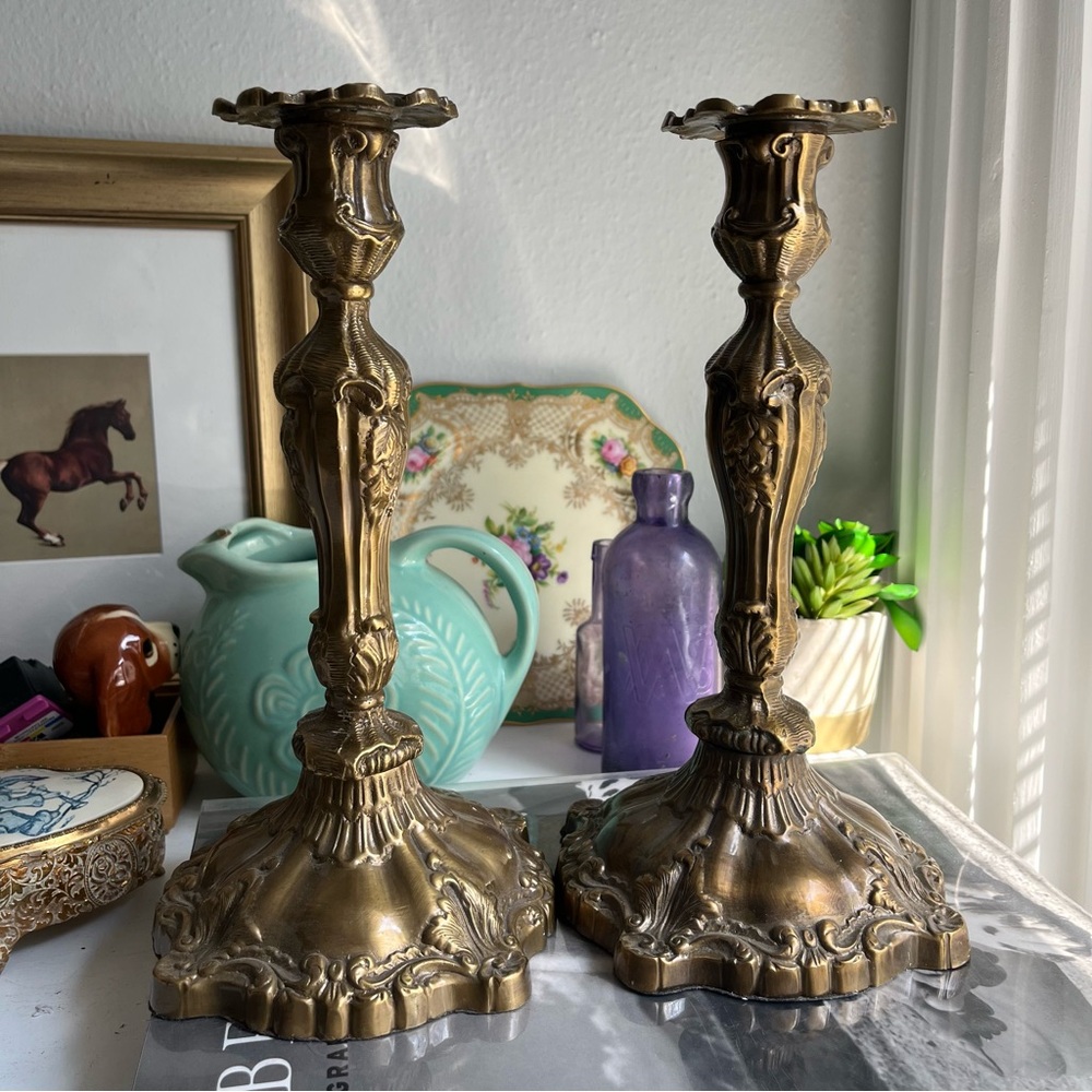 Vintage pair ornate Brass Candle Holders candlesticks Made in India